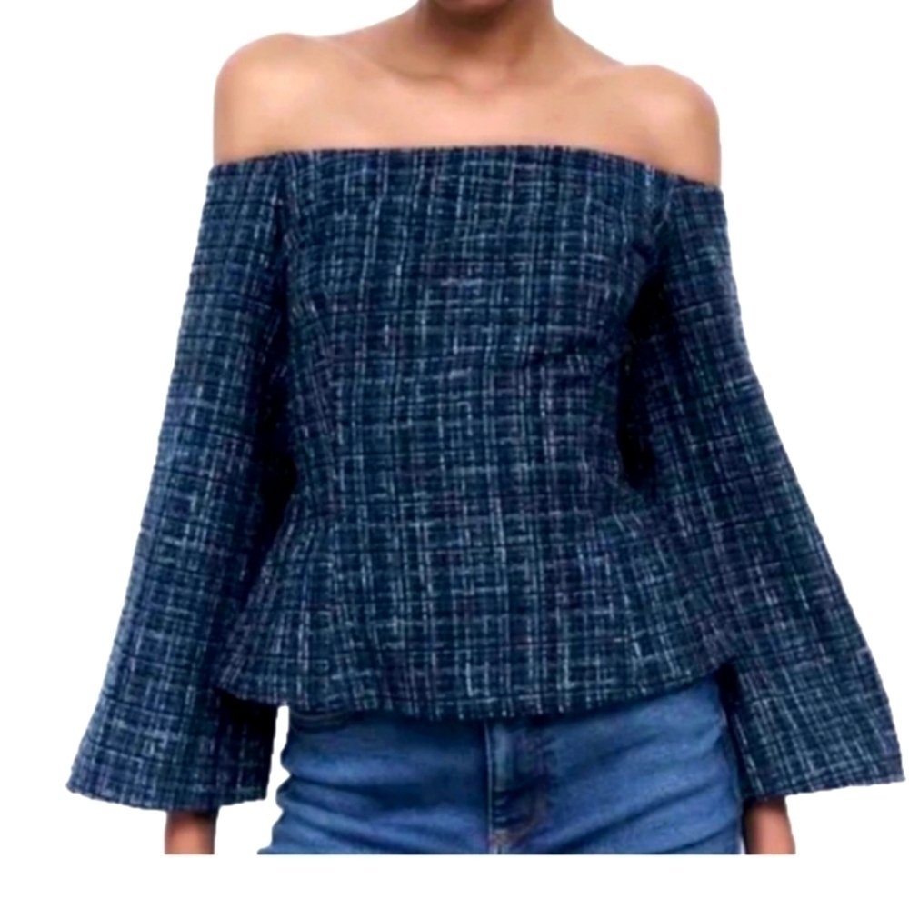 Women's Blue Tweed Textured Off The Shoulder Top Peplum Fit Size XL - Picture 1 of 11